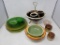 Green Glass Dishes, Other Bowls, 2 Lidded Jars, Pink Glass Bowl & Serving Pieces