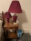 2 Complementary Burgundy Table Lamps with Shades, Single Drawer Night Stand and Blue Trash Can