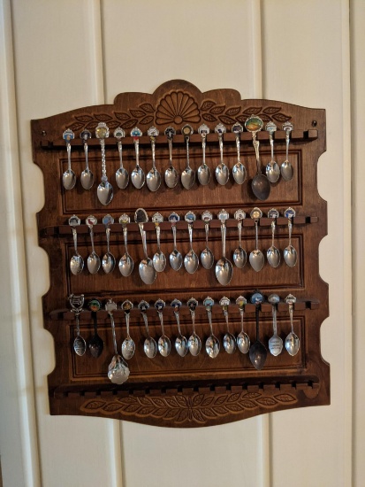 Wooden Display Rack with Large Grouping of Souvenir Spoons