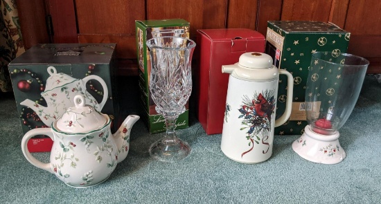 Pfaltzgraff Winterberry Teapot and Candle Holder, Lenox Winter Greetings Thermal Carafe and Lamp