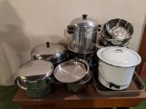 Large Lot of Cookware, Enameled Bucket, Roasting Pan