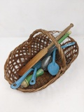 Handled Basket with Agate Serving Spoons, Green Handled Utensils and Wooden Spurtle