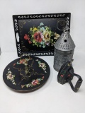 Tole-Painted Tray, Platter and Iron, Pierced Tin Candle Lantern