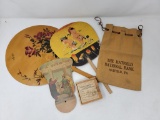 3 Hand Fans, Bag from The Hatfield National Bank and Wooden Box for Typhoid Vaccines 1929