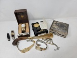 Wrist Watches, Pocket Watch, Pen Knives, Tie Bars, Shoe Horn and Silver Tone Lidded Box