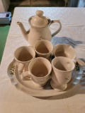 Pfaltzgraff Coffee Pot, 4 Pedestal Mugs, Serving Tray and Potpourri Warmer