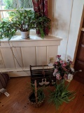House Plants, Wooden Basket, Artificial Roses in Pressed Glass Vase
