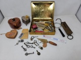 Tin with Contents, Keys, Scale, Magnifying Glass, 2 Lidded Boxes, Lock, Heart Ornament