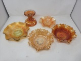 4 Carnival Glass Marigold Bowls and Candle Stand