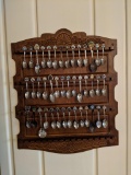 Wooden Display Rack with Large Grouping of Souvenir Spoons