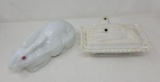 Milk Glass Lidded Rabbit Container and Lidded Box with Hand & Chick