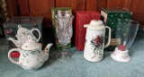 Pfaltzgraff Winterberry Teapot and Candle Holder, Lenox Winter Greetings Thermal Carafe and Lamp