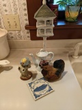 Shabby Chic Birdhouse Decor, China Teapot, Rooster and Bird Figure and Holland America Trivet