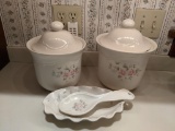 Pfaltzgraff Tea Rose Lidded Canisters (2), Spoon Rest and Small Fluted Dish
