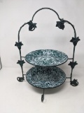 Metal Two-Tiered Stand with Green & White Enameled Plate and Bowl