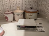 2 Pottery Lidded Canisters, Crock Pot, GE SpaceMaker AM/FM Radio Cassette PlayerR