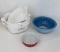 3 Corning Ware Casseroles, Blue Pyrex Mixing Bowl and Red Royal Norfolk Fluted Ramekin