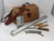 Fishing Items: Orivs Wicker Fishing Creel, Aluminum Flask, Aluminum Rod Holder, and 3 Knives