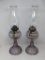 2 Pedestal Glass Oil Lamps with Chimneys