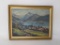 Oil on Board Painting of Village by Lake at Base of Mountains