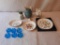 6 Blue Salts, 3 Floral Plates, Owl Figure, Creamer, Salt Shaker and Miniature Vase