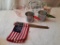 2 Pyrex Measuring Cups, 2 Aluminum Measures , Band Aid Tin and Lot of Flags