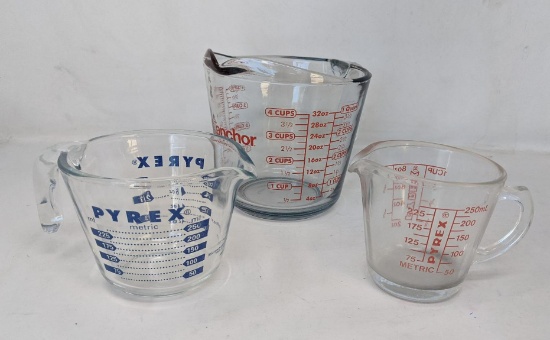 3 Measuring Bowls - Pyrex and Anchor