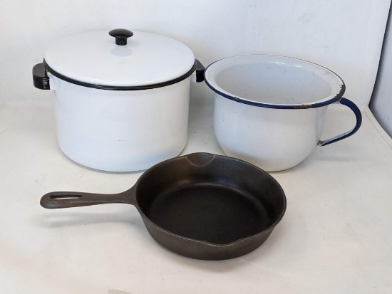 8" No. 5 Cast Iron Skillet and Enamel Lidded Pot and Handled Pot