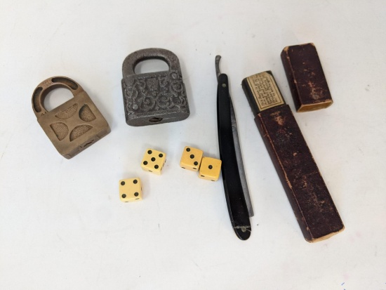 2 Padlocks, Straight Razor with Box and 4 Vintage Dice