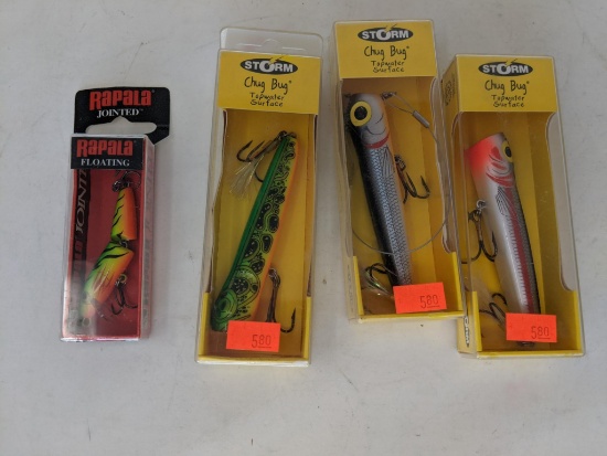 Rapala Jointed Floating Lure and 3 Storm "Chug Bug" Lures- All New in Packaging