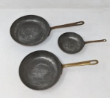 3 Small Copper Skillets with Brass Handles