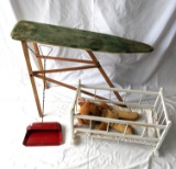 Child-Size Ironing Board, Dust Pan and Crib with Stuffed Teddy Bear