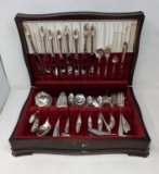 Mixed Silver Plate Flatware in Wooden Chest