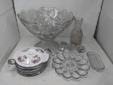 Glass Punch Bowl, Carafe, Butter Dish, Egg Dish, Candle Holders and Lidded Casserole in Frame