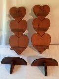 Pair of Triple Heart Shelves and 2 Other Matching Wooden Shelves