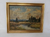 Oil on Board Painting of Landscape with Creek and Mountains