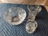 Pressed or Cut Glass Bowl, Vase and Jam Type Jar