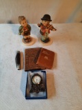 Pair of Hummel Figures, Miniature Shelf Clock, Pen Knife and 2 Small Books