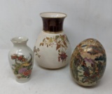 Oriental Lot- 2 Vases and Egg-Shaped Piece with Scenic Decoration