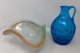 Murano Glass Free Form Bowl and Blue Spouted Jar with Handle