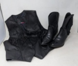 Branded Garments Black Leather Vest and Z-Line Black Leather Lady's Cowboy Boots