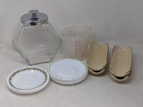 Lidded Candy Container, 2 Plastic Measuring Cups, Corn Holders and Saucers