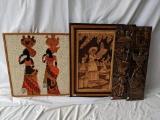 Brazilian Art: Pair of Copper Scenes, Leather Scene and Needlework Piece of 2 Women
