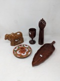 Brazilian Wood Carvings and Pottery Candle Holder and Animal Figure