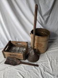 Wooden Eachus Dairy Crate, Coal Shovel, Lard Tin and Other Tool