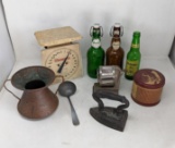 Kitchen Scale, Bottles, Iron, Copper Container, Pencil Sharpener and Tin