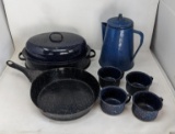 Enameled Roasting Pan, Coffee Pot, Skillet and 4 Mugs