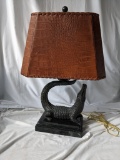 Bronzed Ceramic Alligator Base Lamp with Marble Base & Faux Alligator Skin Shade