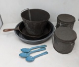 2 Metal Lunch Pails, Metal Bucket, Cast Iron Skillet, Cake Pan and Blue Enamel Spoons