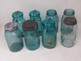 8 Blue Canning Jars- Some with Wire Lids, Some with Zinc Lids
